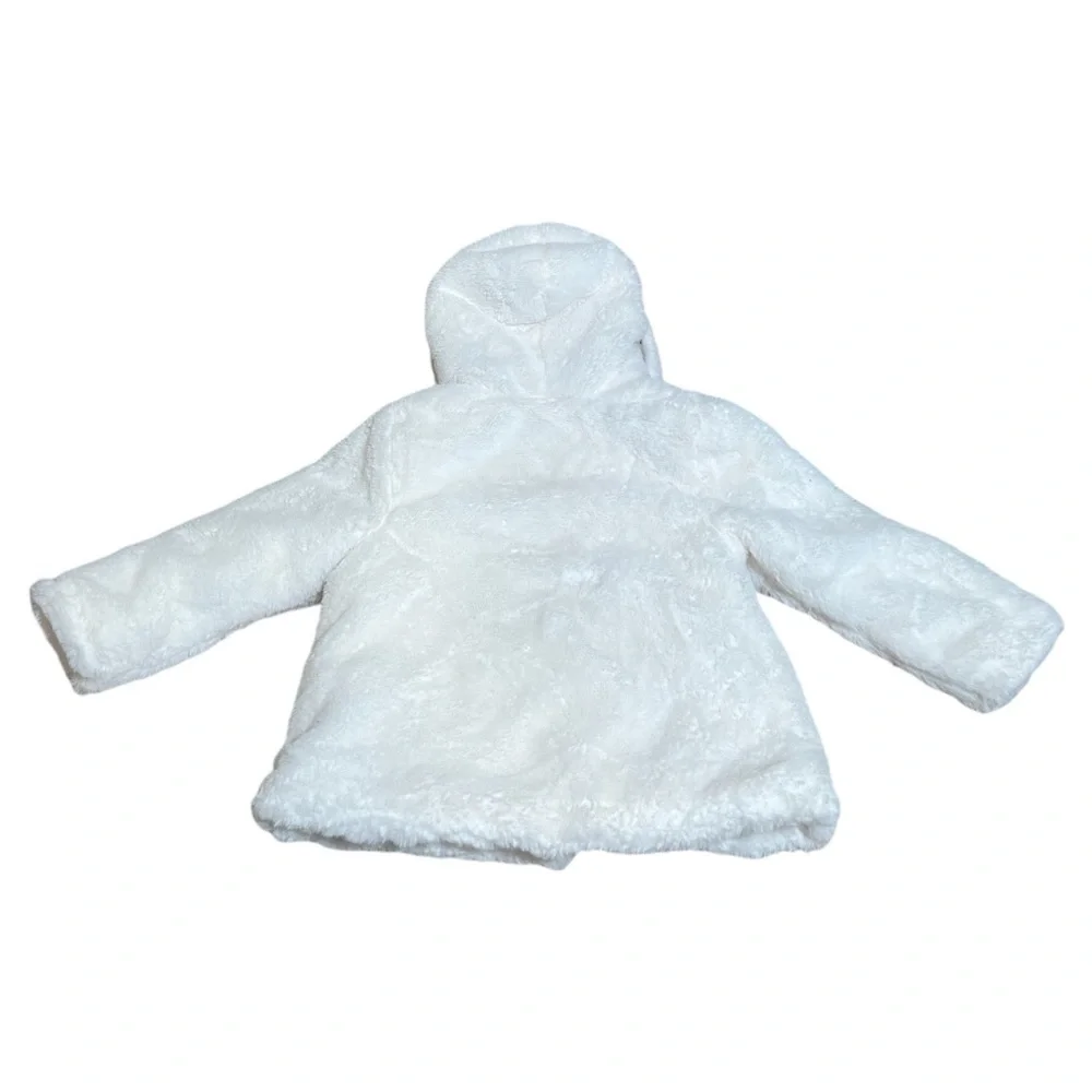 Girls “Little Me” Jacket White Faux Fur Hooded Coat‎ Bow Zip Closure, 24 Months
